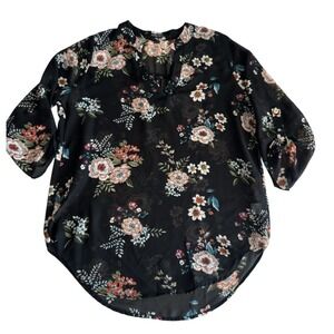 Papermoon Black Pink Floral Long Sleeve Blouse Women's Med Sheer Top Academia